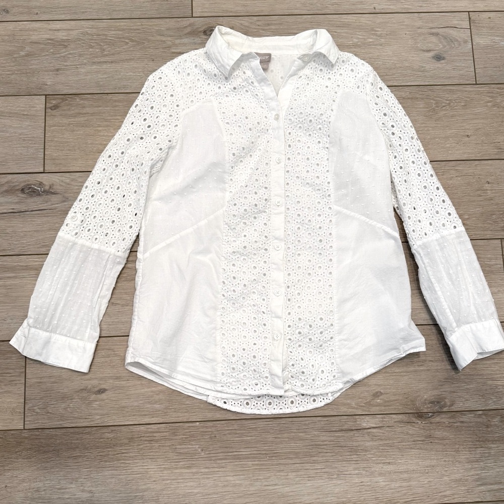 Chico's White Eyelet Mixed 3/4 Sleeve Button-Up Summer Shirt Women's Small NWT